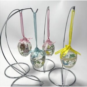 Blown Glass Hand Painted Easter Eggs Pastel Bows Ornaments Set of 4